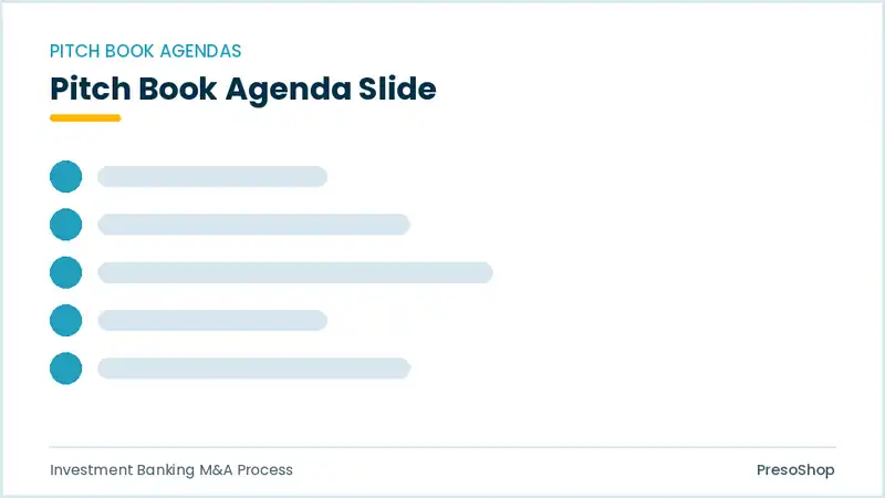 Editable PowerPoint pitch book agenda slide template, built from recolourable native shapes for investment banking m&a process decks