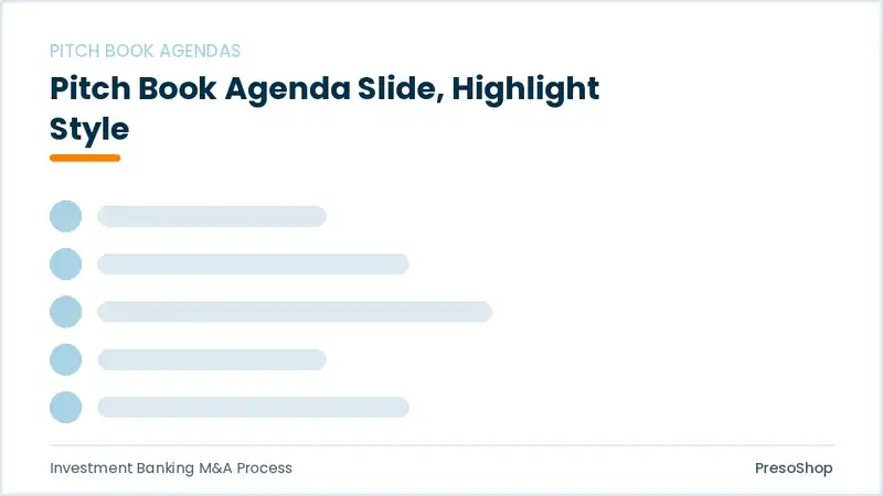 Editable PowerPoint pitch book agenda slide template with an accented takeaway, built from recolourable native shapes for investment banking m&a process decks