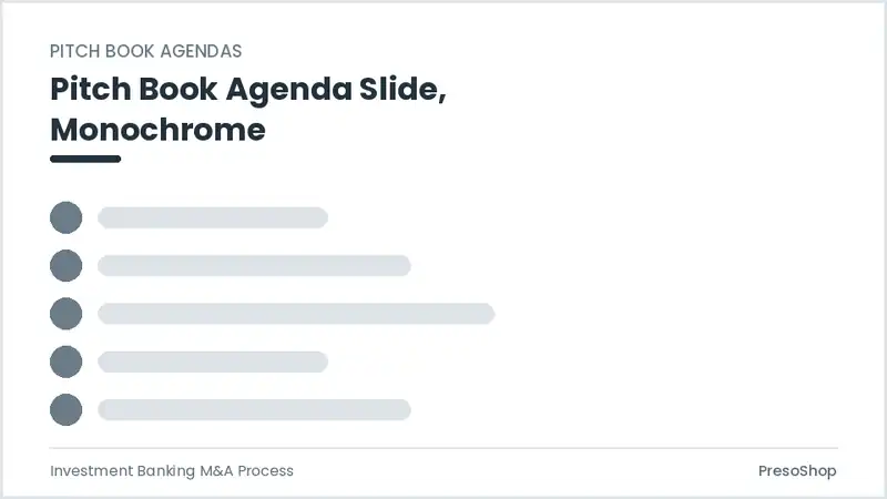 Editable PowerPoint pitch book agenda slide template in a monochrome treatment, built from recolourable native shapes for investment banking m&a process decks