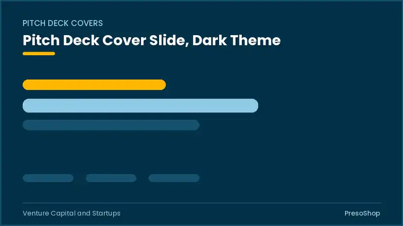 Editable PowerPoint pitch deck cover slide template in a dark theme, built from recolourable native shapes for venture capital and startups decks