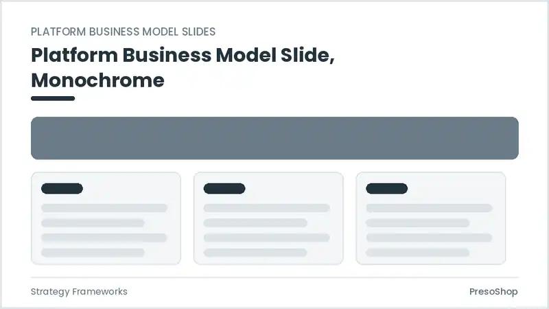 Editable PowerPoint platform business model slide template in a monochrome treatment, built from recolourable native shapes for strategy frameworks decks