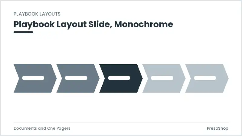 Editable PowerPoint playbook layout slide template in a monochrome treatment, built from recolourable native shapes for documents and one pagers decks