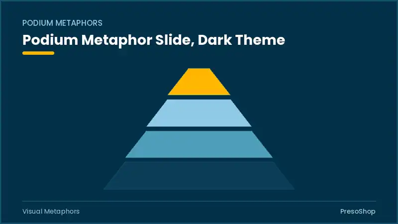 Editable PowerPoint podium metaphor slide template in a dark theme, built from recolourable native shapes for visual metaphors decks