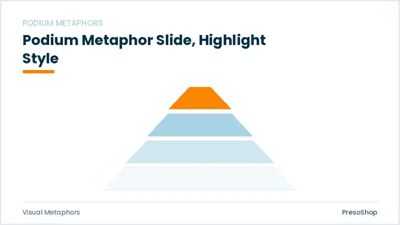 Editable PowerPoint podium metaphor slide template with an accented takeaway, built from recolourable native shapes for visual metaphors decks