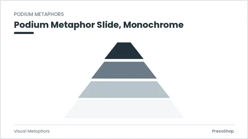 Editable PowerPoint podium metaphor slide template in a monochrome treatment, built from recolourable native shapes for visual metaphors decks