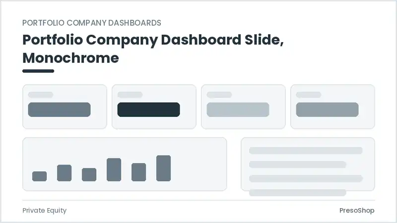 Editable PowerPoint portfolio company dashboard slide template in a monochrome treatment, built from recolourable native shapes for private equity decks