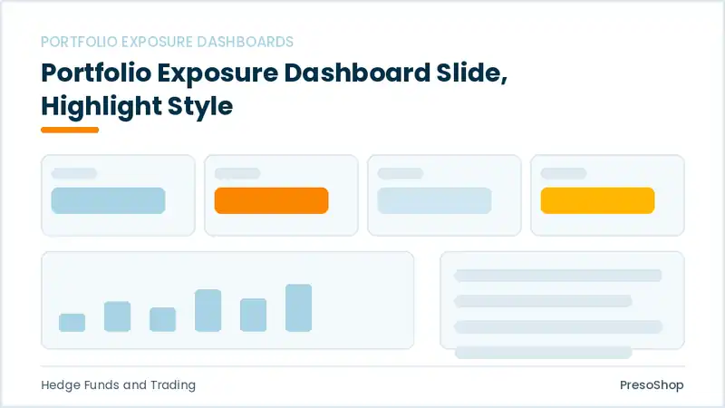 Editable PowerPoint portfolio exposure dashboard slide template with an accented takeaway, built from recolourable native shapes for hedge funds and trading decks