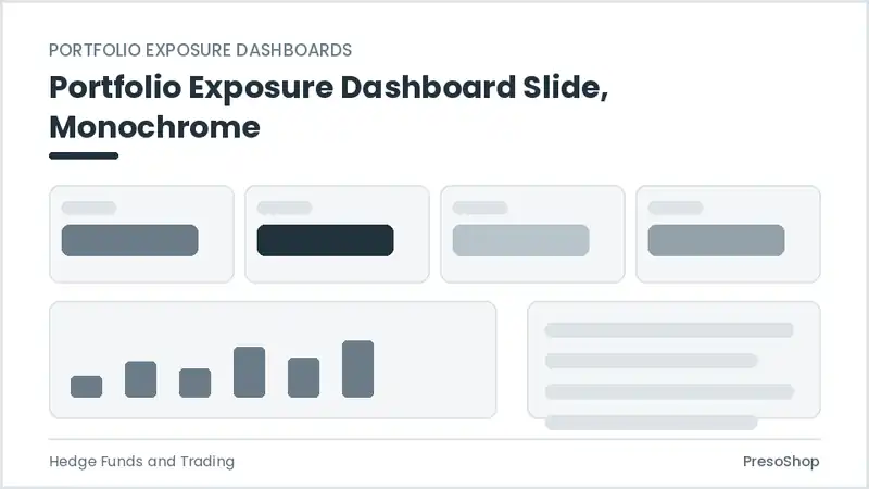 Editable PowerPoint portfolio exposure dashboard slide template in a monochrome treatment, built from recolourable native shapes for hedge funds and trading decks