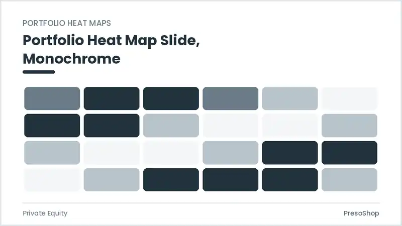 Editable PowerPoint portfolio heat map slide template in a monochrome treatment, built from recolourable native shapes for private equity decks