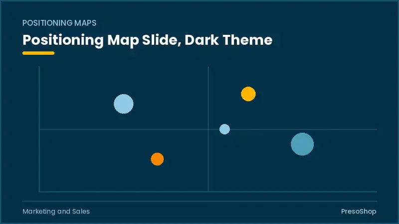 Editable PowerPoint positioning map slide template in a dark theme, built from recolourable native shapes for marketing and sales decks