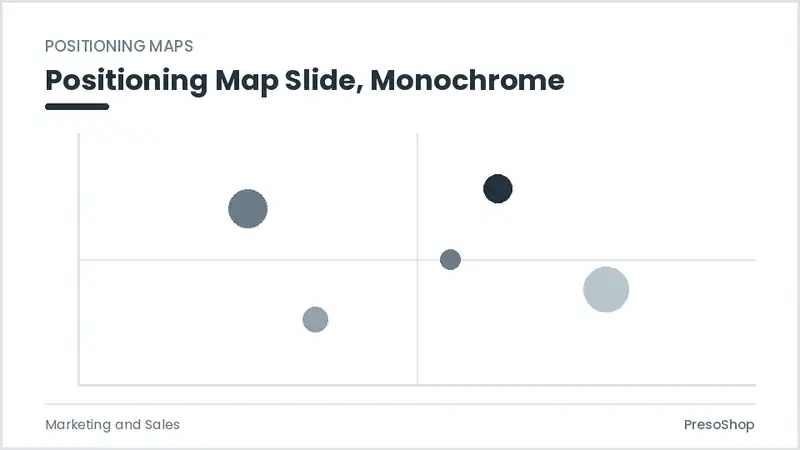 Editable PowerPoint positioning map slide template in a monochrome treatment, built from recolourable native shapes for marketing and sales decks