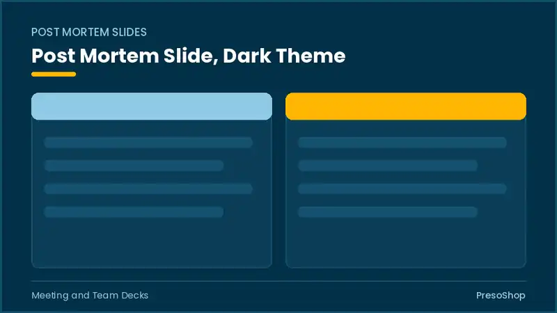 Editable PowerPoint post mortem slide template in a dark theme, built from recolourable native shapes for meeting and team decks decks