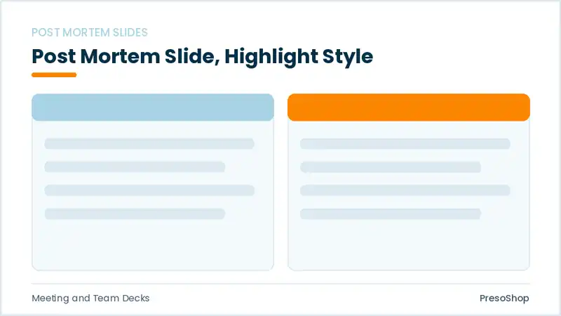 Editable PowerPoint post mortem slide template with an accented takeaway, built from recolourable native shapes for meeting and team decks decks