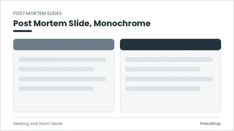 Editable PowerPoint post mortem slide template in a monochrome treatment, built from recolourable native shapes for meeting and team decks decks