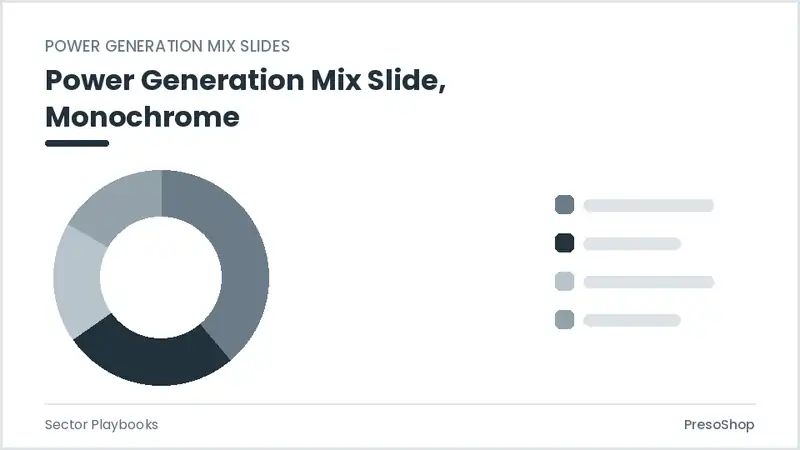 Editable PowerPoint power generation mix slide template in a monochrome treatment, built from recolourable native shapes for sector playbooks decks