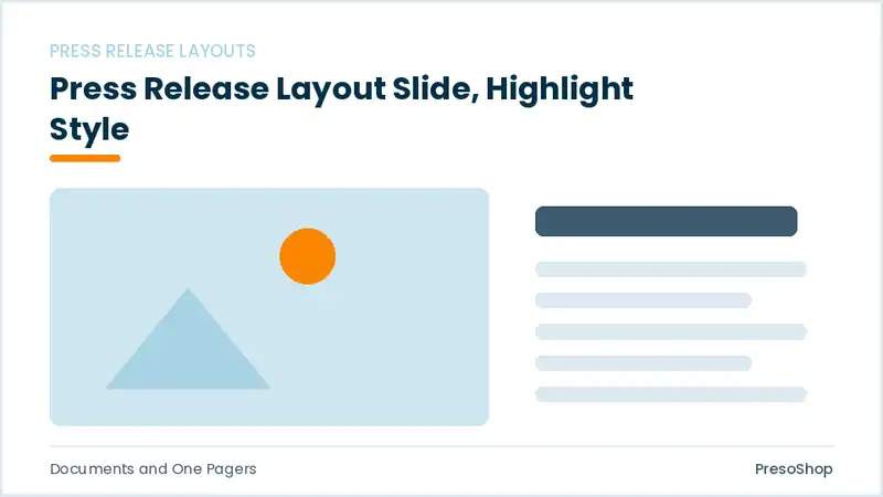 Editable PowerPoint press release layout slide template with an accented takeaway, built from recolourable native shapes for documents and one pagers decks