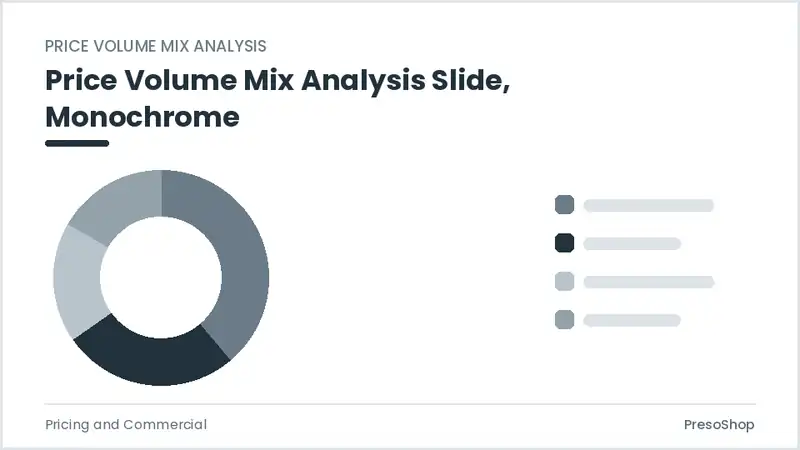 Editable PowerPoint price volume mix analysis slide template in a monochrome treatment, built from recolourable native shapes for pricing and commercial decks