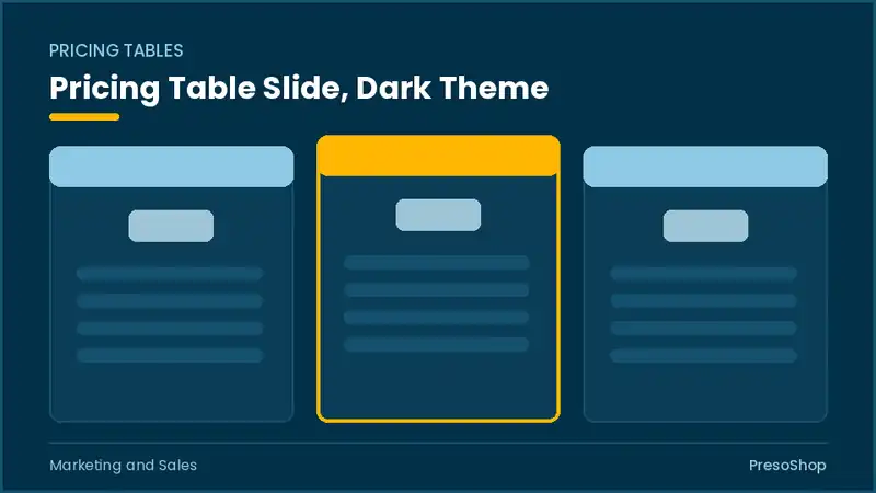 Editable PowerPoint pricing table slide template in a dark theme, built from recolourable native shapes for marketing and sales decks