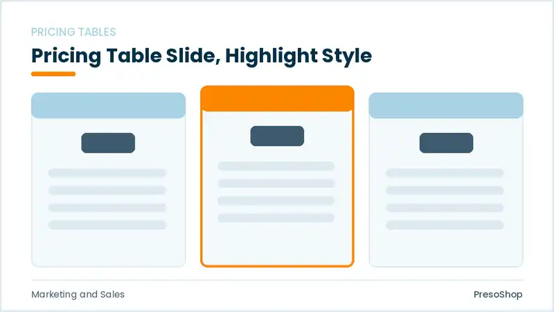 Editable PowerPoint pricing table slide template with an accented takeaway, built from recolourable native shapes for marketing and sales decks