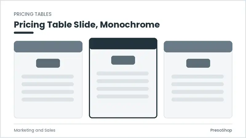 Editable PowerPoint pricing table slide template in a monochrome treatment, built from recolourable native shapes for marketing and sales decks
