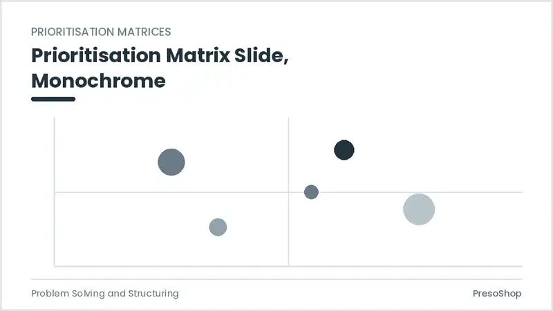 Editable PowerPoint prioritisation matrix slide template in a monochrome treatment, built from recolourable native shapes for problem solving and structuring decks