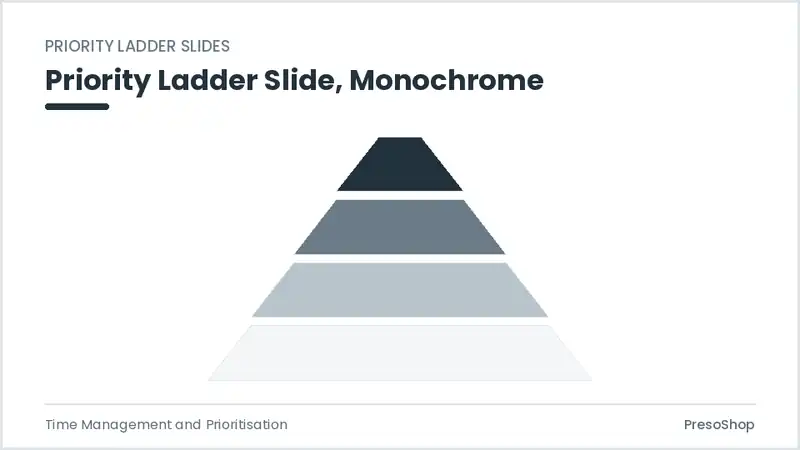 Editable PowerPoint priority ladder slide template in a monochrome treatment, built from recolourable native shapes for time management and prioritisation decks