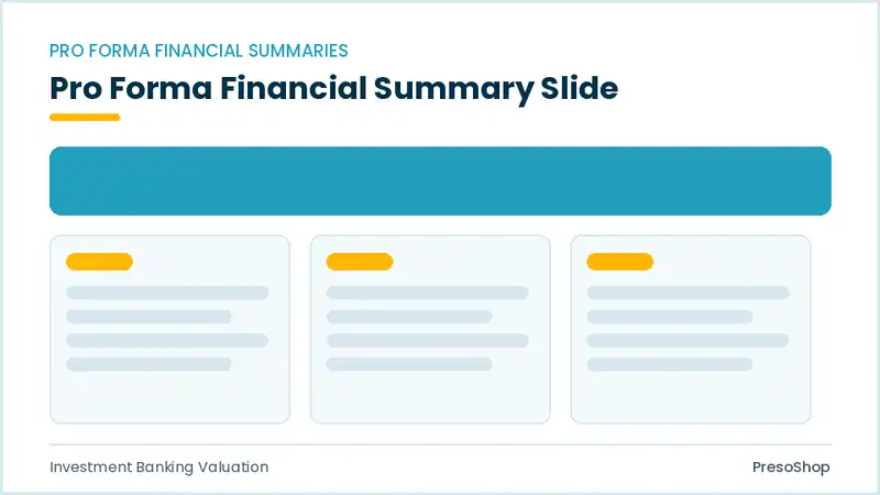 Editable PowerPoint pro forma financial summary slide template, built from recolourable native shapes for investment banking valuation decks