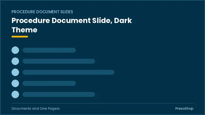 Editable PowerPoint procedure document slide template in a dark theme, built from recolourable native shapes for documents and one pagers decks