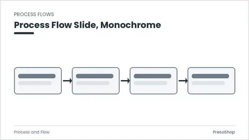 Editable PowerPoint process flow slide template in a monochrome treatment, built from recolourable native shapes for process and flow decks