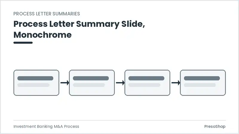Editable PowerPoint process letter summary slide template in a monochrome treatment, built from recolourable native shapes for investment banking m&a process decks