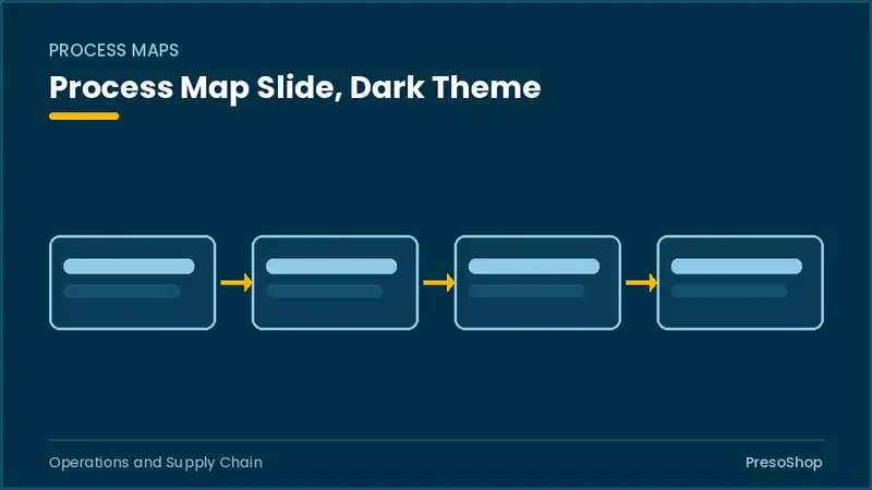 Editable PowerPoint process map slide template in a dark theme, built from recolourable native shapes for operations and supply chain decks