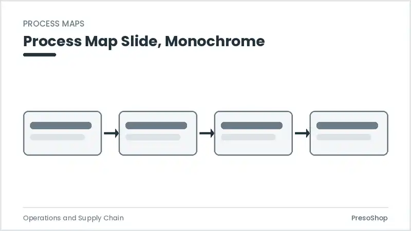 Editable PowerPoint process map slide template in a monochrome treatment, built from recolourable native shapes for operations and supply chain decks