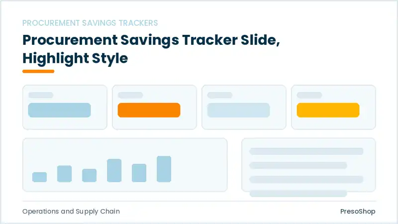Editable PowerPoint procurement savings tracker slide template with an accented takeaway, built from recolourable native shapes for operations and supply chain decks