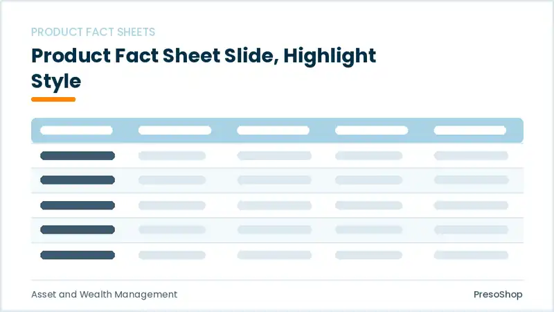 Editable PowerPoint product fact sheet slide template with an accented takeaway, built from recolourable native shapes for asset and wealth management decks