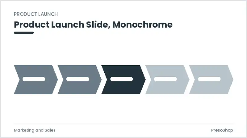 Editable PowerPoint product launch slide template in a monochrome treatment, built from recolourable native shapes for marketing and sales decks