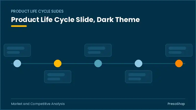 Editable PowerPoint product life cycle slide template in a dark theme, built from recolourable native shapes for market and competitive analysis decks
