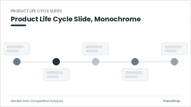 Editable PowerPoint product life cycle slide template in a monochrome treatment, built from recolourable native shapes for market and competitive analysis decks