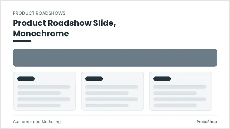 Editable PowerPoint product roadshow slide template in a monochrome treatment, built from recolourable native shapes for customer and marketing decks