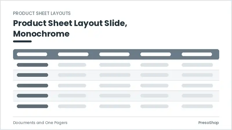 Editable PowerPoint product sheet layout slide template in a monochrome treatment, built from recolourable native shapes for documents and one pagers decks