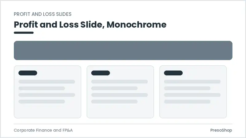 Editable PowerPoint profit and loss slide template in a monochrome treatment, built from recolourable native shapes for corporate finance and fp&a decks