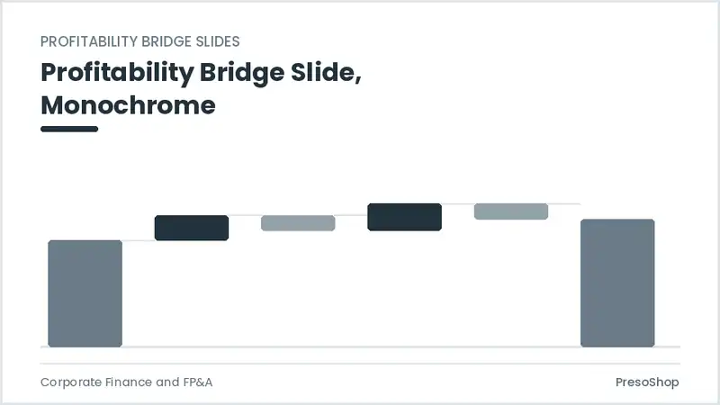Editable PowerPoint profitability bridge slide template in a monochrome treatment, built from recolourable native shapes for corporate finance and fp&a decks