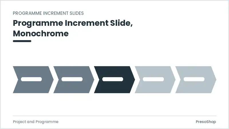 Editable PowerPoint programme increment slide template in a monochrome treatment, built from recolourable native shapes for project and programme decks