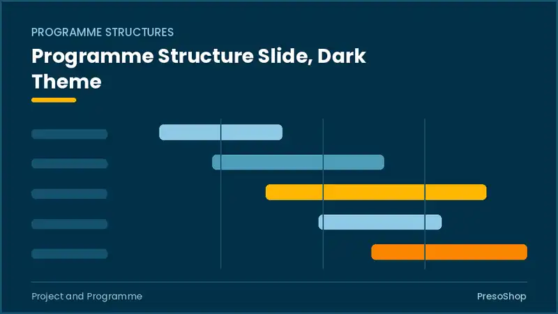 Editable PowerPoint programme structure slide template in a dark theme, built from recolourable native shapes for project and programme decks