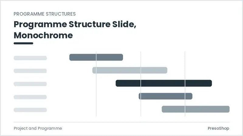 Editable PowerPoint programme structure slide template in a monochrome treatment, built from recolourable native shapes for project and programme decks