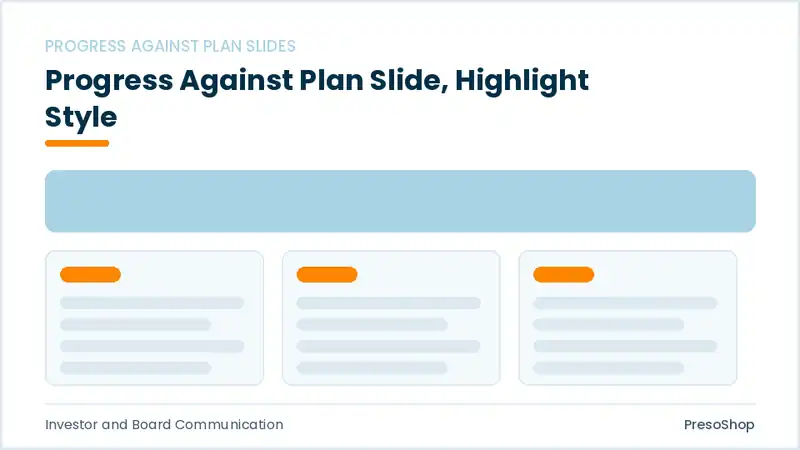 Editable PowerPoint progress against plan slide template with an accented takeaway, built from recolourable native shapes for investor and board communication decks