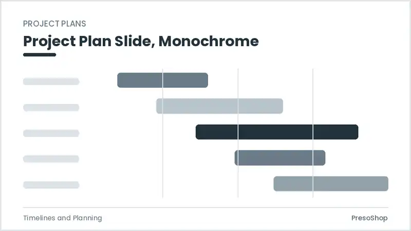 Editable PowerPoint project plan slide template in a monochrome treatment, built from recolourable native shapes for timelines and planning decks
