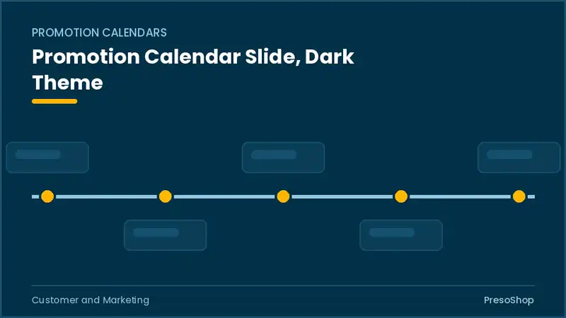 Editable PowerPoint promotion calendar slide template in a dark theme, built from recolourable native shapes for customer and marketing decks