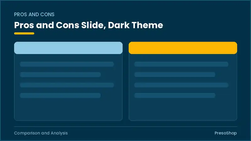 Editable PowerPoint pros and cons slide template in a dark theme, built from recolourable native shapes for comparison and analysis decks