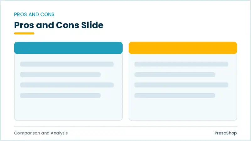 Editable PowerPoint pros and cons slide template, built from recolourable native shapes for comparison and analysis decks