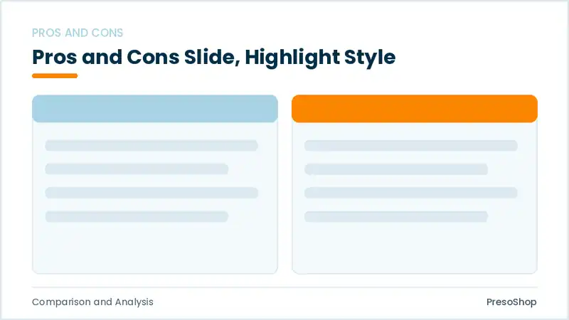Editable PowerPoint pros and cons slide template with an accented takeaway, built from recolourable native shapes for comparison and analysis decks